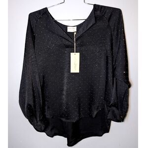 Allie Rose Black Blouse Small Sparkle Dot V-Neck Long Sleeve Satin Polyester Top